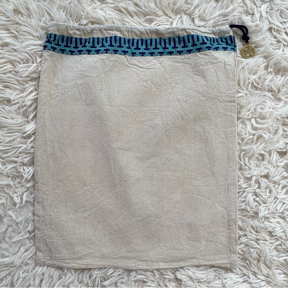 Tory Burch shoe handbag dust bag beige blue gold love drawstring 11”x13”